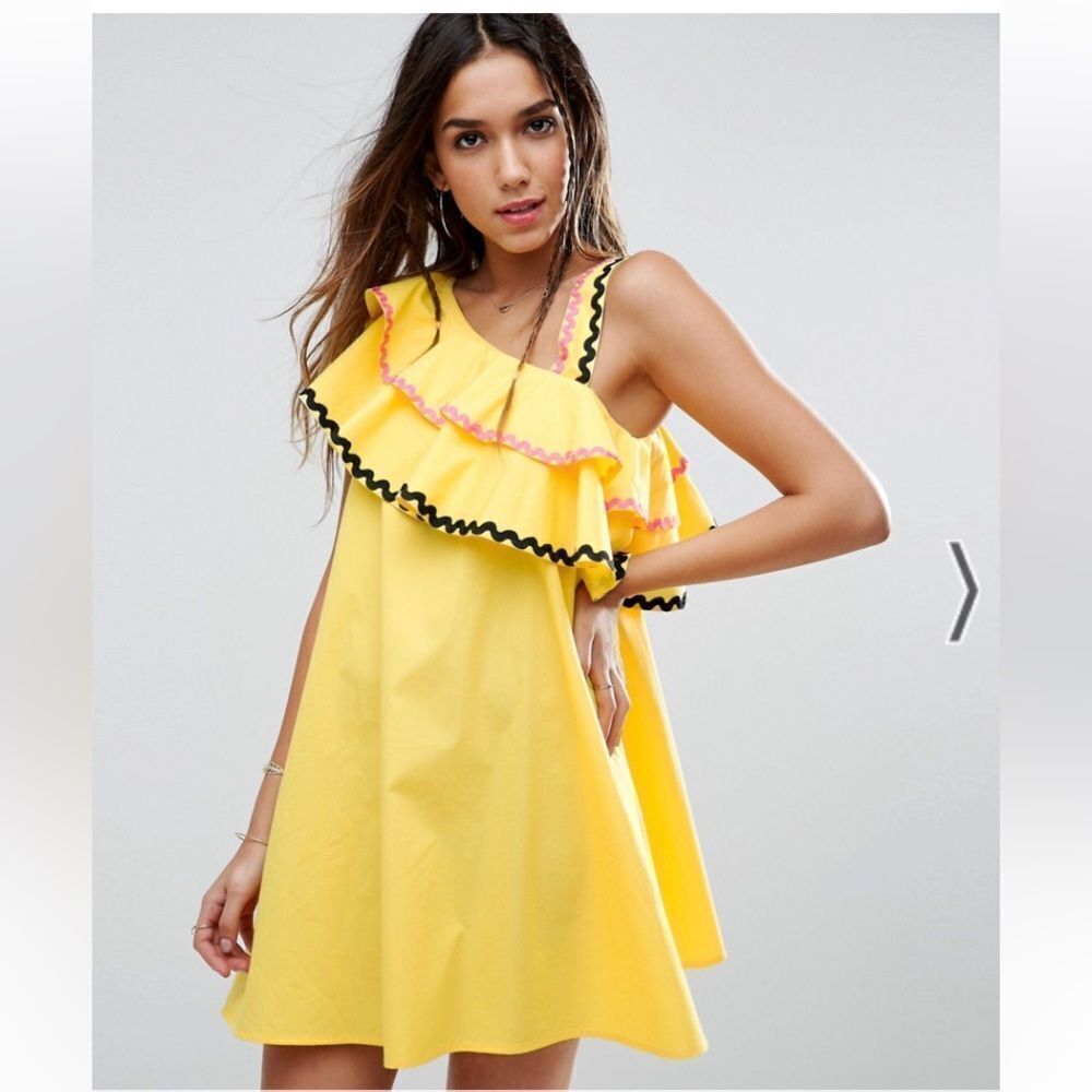 ASOS Rik Rak Trim Ruffle One Shoulder Sundress in Structured Cotton Size 4P - Picture 5 of 11